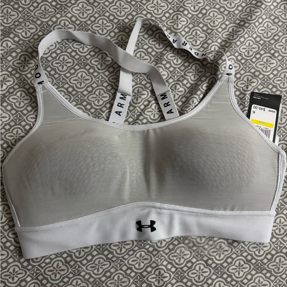 Under Armour White Light-Support Sports Bra with Logo Band